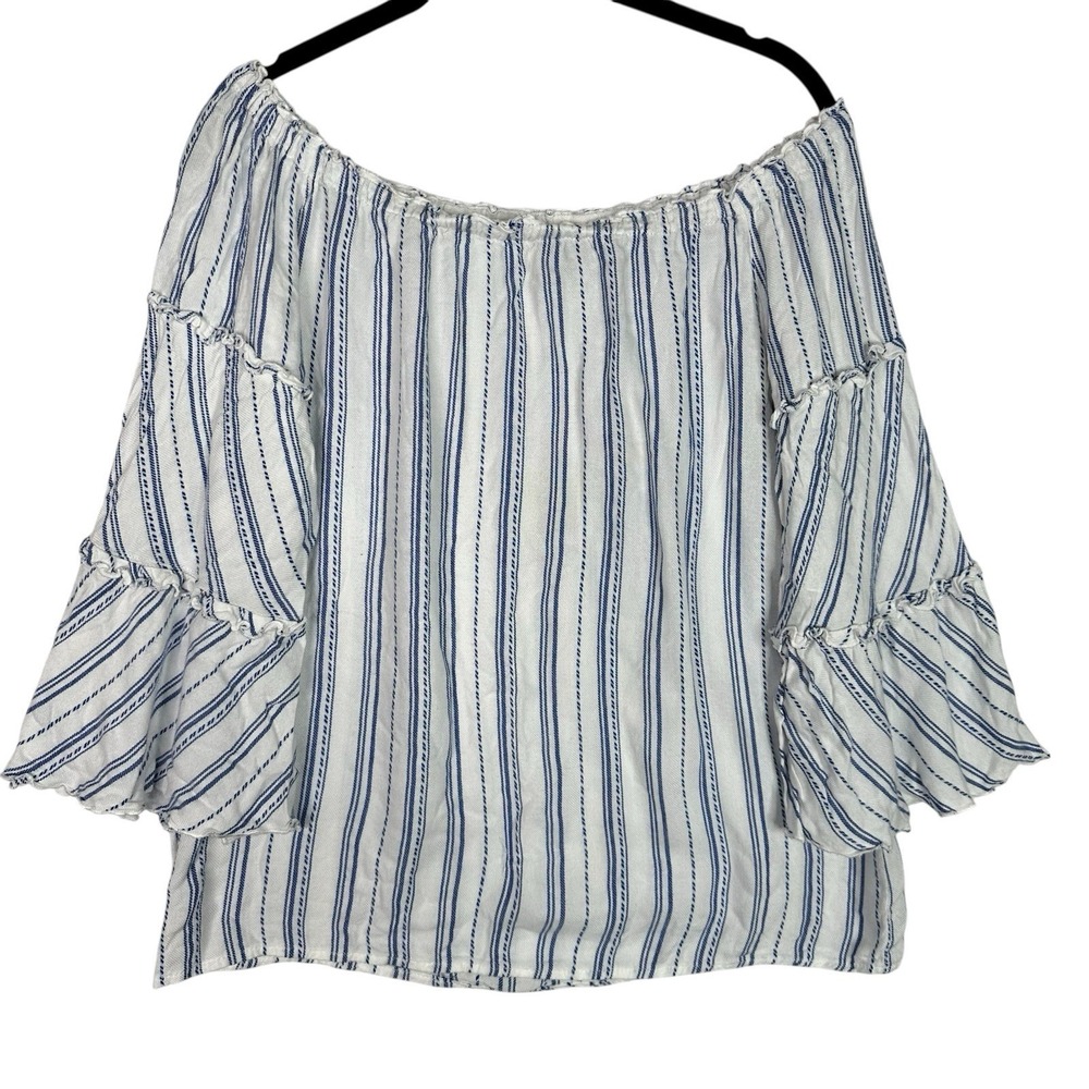DREW Blue White Stripe Off Shoulder Blouse Women's L Bell Sleeve Boho Rayon USA